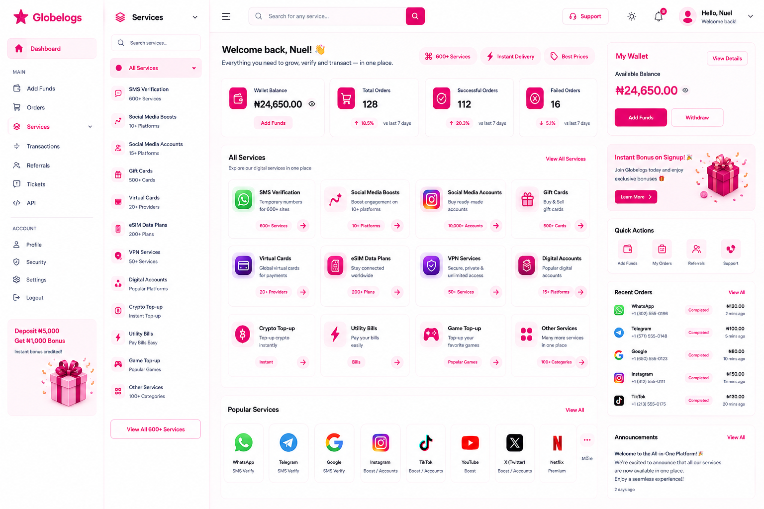 Globelogs user dashboard preview